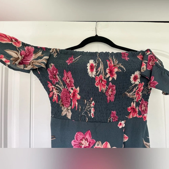 Windsor Green and Pink Floral High Low Maxi Dress with Off Shoulder Sleeve - Picture 2 of 6